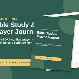 Bible Study Journal Printable, 50 Page Prayer Journal, SOAP Method, Scripture Memory, Sermon Notes, Christian Planner PDF, Canva Editable