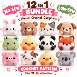 12-i-1 Animal Croched Pattern Bundle, Low-Sew Amigurumi Dumplings PDF, Nybörjarplyschmönster