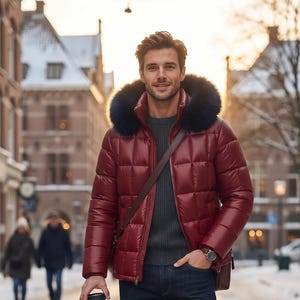 Könnte beinhalten: Eine Person trägt eine glänzende, gesteppte, dunkelrote Daunenjacke mit einer dunkel gefütterten Kapuze, einen dunkelgrauen Rippenpullover, eine dunkelblaue Jeans und braune Lederstiefel. Eine braune Umhängetasche aus Leder ist zu sehen.
