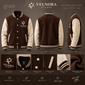 Pode incluir: Uma jaqueta varsity marrom e creme exibida em vistas frontal, traseira e lateral. A jaqueta possui um emblema com logotipo no peito esquerdo, gola canelada, botões de pressão de metal e detalhes nos bolsos. Texto Velnora Studio impresso.
