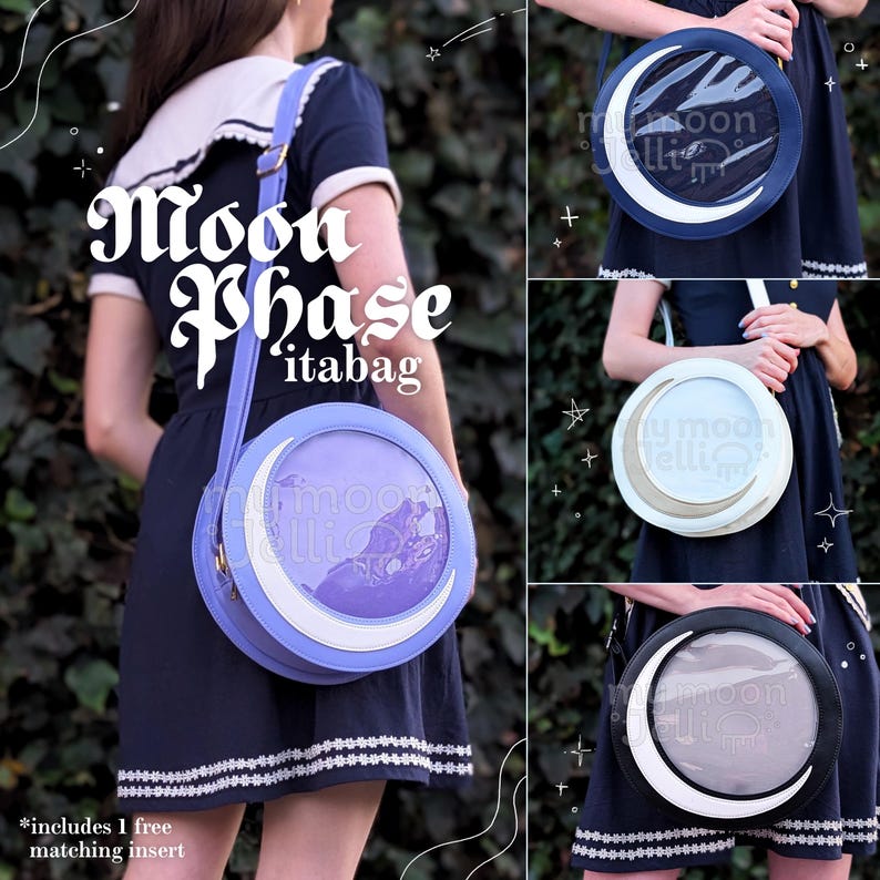 May include: A purple and white round purse with a crescent moon design and a clear plastic window. The purse is worn as a crossbody bag. The text "Moon Phase 'itabag" is visible on the image.