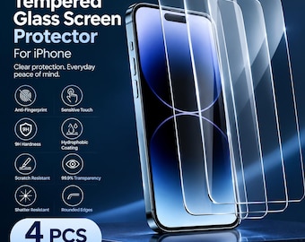 May include: A Studio Amaro tempered glass screen protector for iPhone, 4 PCS value pack. The clear, scratch-resistant, and shatter-resistant glass features rounded edges, 9H hardness, hydrophobic coating, anti-fingerprint properties, and 99.9% transparency.
