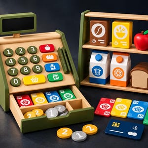 May include: A wooden toy cash register with a green frame, number buttons, and an open drawer containing coins. Beside it is a two-shelf wooden display stand holding toy food items including a red apple, milk cartons, and bread, plus play money cards and a credit card.