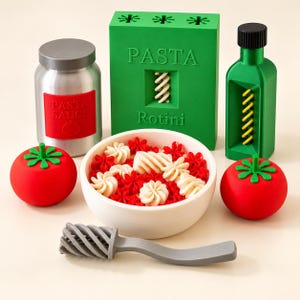May include: A set of toy food items including a silver jar labeled PASTA SAUCE, a green box labeled PASTA Rotini, a green bottle, two red tomatoes, a white bowl filled with red and white pasta shapes, and a gray spiral-textured utensil.