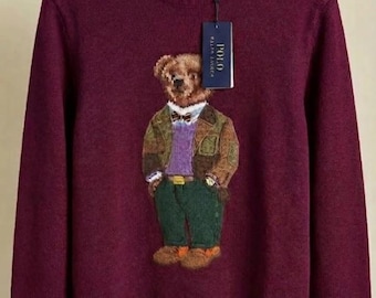Ralph Lauren Polo Bärenpullover, weinroter Strickpullover mit Rundhalsausschnitt