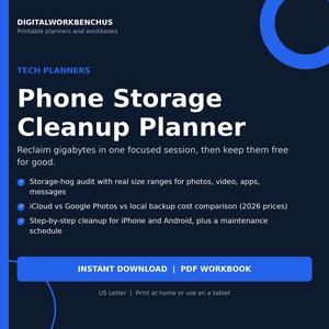 Phone Storage Cleanup Planner Pdf, iPhone Storage Guide, Android Cleanup Checklist, Photo Backup Planner, Printable Tech Workbook