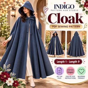 Mönster för sömnad av huvad kappa i PDF-format | Mönster för kappa med huva | Mönster för lång kappa för kvinnor | Mönster för medeltida kappa | Mönster för cosplay-kappa