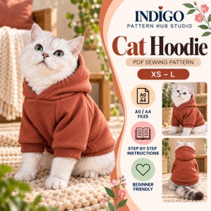 May include: A digital sewing pattern for a cat hoodie by Indigo Pattern Hub Studio. The graphic features a light-colored cat wearing a solid rust-orange hooded sweatshirt with ribbed cuffs and hem, available in sizes XS to L with A0/A4 files.