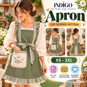 May include: An olive green apron PDF sewing pattern by Indigo Pattern Hub Studio. The apron features a square neckline, ruffled shoulder straps, a waist tie, and a cream-colored pocket with embroidered daisies. Includes sizes XS to 3XL.