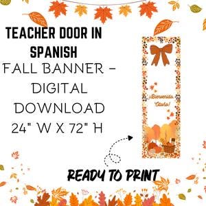 Puede incluir: Un cartel rectangular vertical con temática otoñal, hojas de arce naranjas y marrones, un lazo marrón y una cesta de calabazas. El texto dice "¡Bienvenido, Otoño!". El cartel mide 61 cm de ancho por 183 cm de alto y es una descarga digital.
