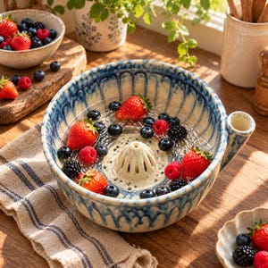 May include: A ceramic citrus juicer bowl with a blue and white drip glaze pattern, featuring a central reamer and a side spout. The bowl is filled with fresh red strawberries and dark blue blueberries, resting on a wooden surface with a linen cloth.