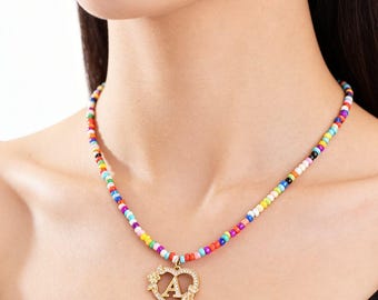 Handmade Beaded Necklace, Golden Heart Flower Letter Pendant, Colorful Rice Bead Jewelry, Boho Necklace, Gift for Her, Everyday Accessory