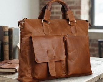 Vintage Leather Briefcase, Large Laptop Messenger Bag, Leather Shoulder Bag for Men and Women, Business Crossbody Work Bag Hand Bag