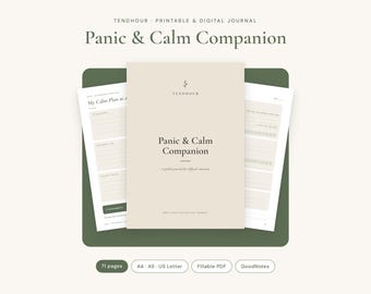 May include: A printable and digital journal titled Panic & Calm Companion by Tendhour. The cover is beige with dark green text. It includes internal pages with lined sections for planning and tracking, presented on a dark green rectangular background.
