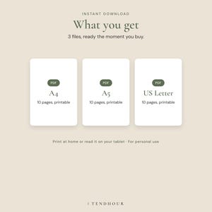 May include: A digital product listing featuring three white rectangular cards on a beige background. The text reads: Instant Download, What you get, 3 files, ready the moment you buy. Each card displays a PDF icon, size labels A4, A5, US Letter, and 10 pages, printable. Bottom text: Print at home or read it on your tablet. For personal use. TENDHOUR.