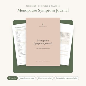 Könnte beinhalten: Ein druckbares und ausfüllbares Menopause-Symptom-Tagebuch mit einem hellrosa Einband, der den Text Tendhour und Menopause Symptom Journal enthält. Das Tagebuch umfasst Innenseiten mit einem monatlichen Tracker und Spalten für Gesundheitsaufzeichnungen.