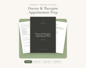 May include: A printable and fillable Doctor & Therapist Appointment Prep document set. The central black cover features the text 'Doctor & Therapist Appointment Prep' and 'Tendhour'. Two white pages with lined sections for notes are visible behind it.