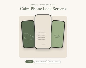 May include: Three smartphone screens displaying calm phone lock screen wallpapers in shades of sage green and cream. The screens feature text-based grounding exercises and the phrases "Slow breathing" and "This feeling will pass" in a serif font.