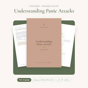 Può includere: Una guida stampabile intitolata Understanding Panic Attacks con una copertina color marrone chiaro e testo scuro. Il documento include pagine con intestazioni come Your body's alarm e testo che spiega gli attacchi di panico in formato chiaro.