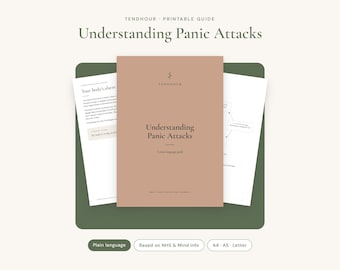 May include: A printable guide titled Understanding Panic Attacks with a tan cover featuring dark text. The document includes pages with headers like Your body's alarm and text explaining panic attacks, presented in a clear, readable format.