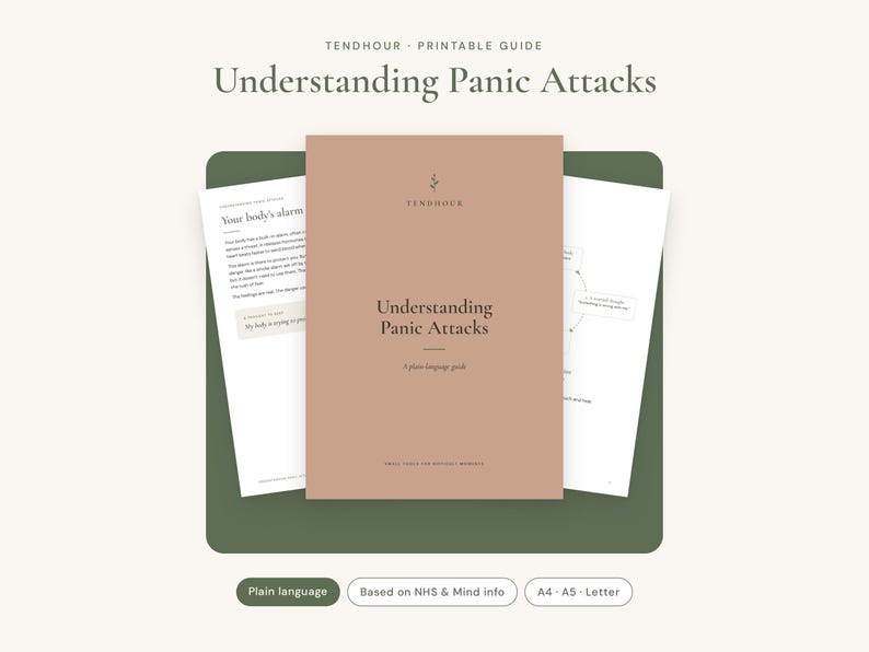 May include: A printable guide titled Understanding Panic Attacks with a tan cover featuring dark text. The document includes pages with headers like Your body's alarm and text explaining panic attacks, presented in a clear, readable format.