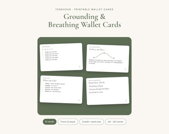 May include: Four white rectangular wallet cards with black text on a dark green background. The cards feature grounding and breathing exercises with headings including Grounding 5-4-3-2-1, Slow Breathing, Right Now What Can I Do, and Gentle Reminders.