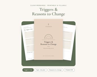 May include: A printable and fillable document titled Triggers & Reasons to Change with a beige cover featuring a line art arch icon. The document includes pages for a triggers map and reasons to change, presented against a dark green background.
