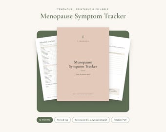 May include: A printable and fillable Menopause Symptom Tracker document with a dusty rose cover featuring the text Tendhour and Menopause Symptom Tracker. The set includes monthly tracking pages and logs, with labels for 12 months, period log, and fillable PDF.