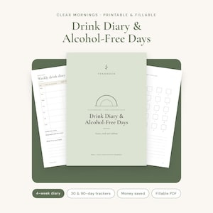 Könnte beinhalten: Ein druckbares und ausfüllbares Trinktagebuch und Tracker für alkoholfreie Tage in sanftem Salbeigrün. Das Cover zeigt eine minimalistische Bogengrafik und den Text Drink Diary & Alcohol-Free Days. Enthält wöchentliche Tagebuchseiten und Tracker.