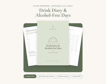 May include: A printable and fillable drink diary and alcohol-free days tracker in a soft sage green color. The cover features a minimalist arch graphic and the text Drink Diary & Alcohol-Free Days. Includes weekly diary pages and square trackers.