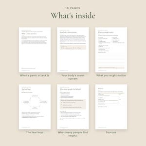 May include: A set of 10 informational pages titled What's inside, featuring text and diagrams about panic attacks. The pages include sections titled What a panic attack is, Your body's alarm system, What you might notice, The fear loop, What many people find helpful, and Sources.