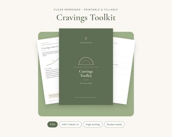 May include: A printable and fillable Cravings Toolkit document set with a dark olive green cover featuring the text Cravings Toolkit, Tendhour, and a semi-circle graphic. The set includes additional white pages with text and lines.