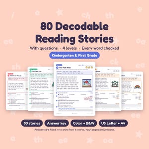 May include: A collection of 80 decodable reading stories for kindergarten and first grade, featuring four levels, comprehension questions, and answer keys. The pages include text and illustrations, available in colour and black and white formats.