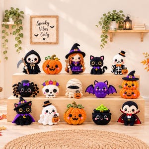 May include: A collection of fourteen small, crocheted Halloween-themed figures arranged on a wooden tiered display. The figures include a skeleton with a scythe, a pumpkin, a witch, a black cat, a mummy, a spider, a skull, a bat, and a vampire.