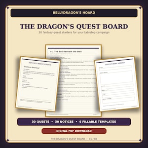 Può includere: Un download PDF digitale intitolato The Dragon's Quest Board di Bellydragon's Hoard, contenente 30 starter per missioni fantasy, 30 avvisi e 6 modelli compilabili. Il documento mostra esempi di missioni come Goats on the Roof e The Bell Beneath the Well.