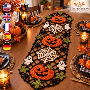 Halloween Table Runner Crochet Pattern PDF | Jack O Lantern Pumpkins, Ghosts and Spiderwebs | Diamond Mesh Fall Table Décor
