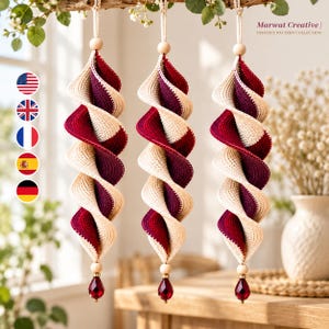 Crochet Wind Spinner Pattern PDF, Triple Helix Design for a Three-Piece Hanging Set in Ivory, Burgundy and Plum, Window Decor Tutorial