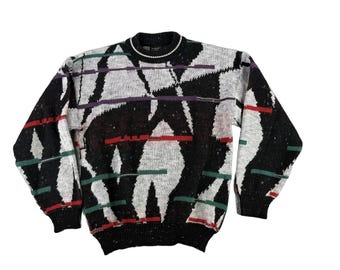 Vintage Kennington Sweater Mens Large Black Wool Coogi Style 3D Abstract Italy