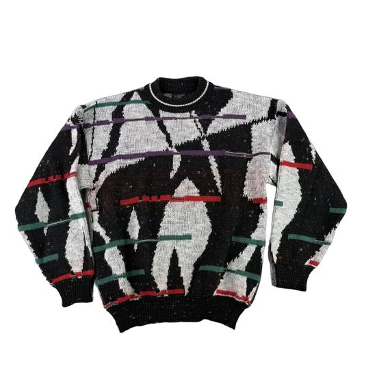 Vintage Kennington Sweater Mens Large Black Wool Coogi Style 3D Abstract Italy