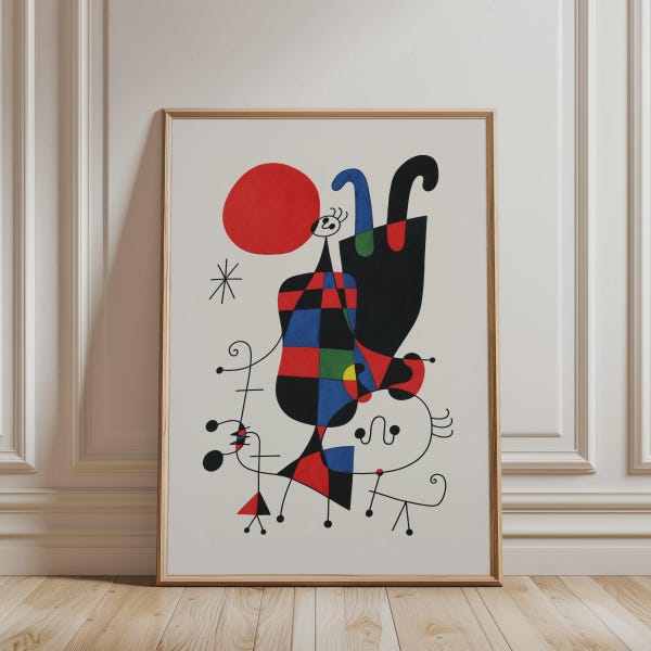 Affiche abstraite inspirée de Joan Miró, art mural surréaliste et coloré, style moderne du milieu du siècle
