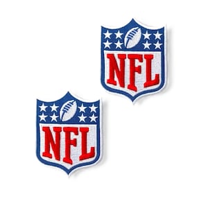 May include: Two embroidered NFL shield patches featuring a blue background with white stars and a white football icon at the top. The letters NFL are stitched in bold red with a white outline, all contained within a classic shield-shaped emblem.