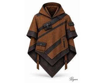 Bruine poncho met capuchon en zakken, middeleeuwse fantasiecape, gelaagde mantel voor LARP en Renaissancefestivals.