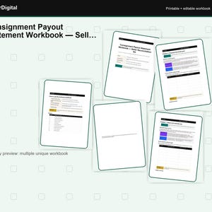 Peut inclure: Un classeur numérique de relevé de paiement de consignation par ArknerDigital comprenant plusieurs pages imprimables et modifiables. La mise en page présente diverses sections, dont des kits de rapprochement vendeur, des en-têtes de chapitre et des tableaux.
