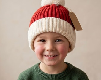 Red and White Ribbed Knit Beanie with Fluffy Pom Pom - Cozy Winter Hat for Toddler Kids Adults - Christmas Knit Cap