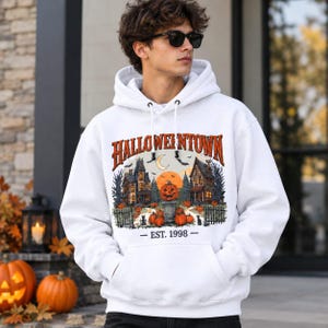 Sudadera con capucha de Halloween Town, sudadera con estampado de calabaza espeluznante, sudadera con capucha de Halloween, diseño de casa embrujada gótica, sudadera unisex de otoño