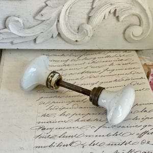 Pair of Antique French Door Handle porcelain and brass knob and lever c1920