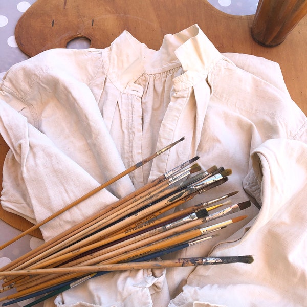 Ancienne chemise d'artiste à smocks, tissée à la main, chanvre, XIXe siècle