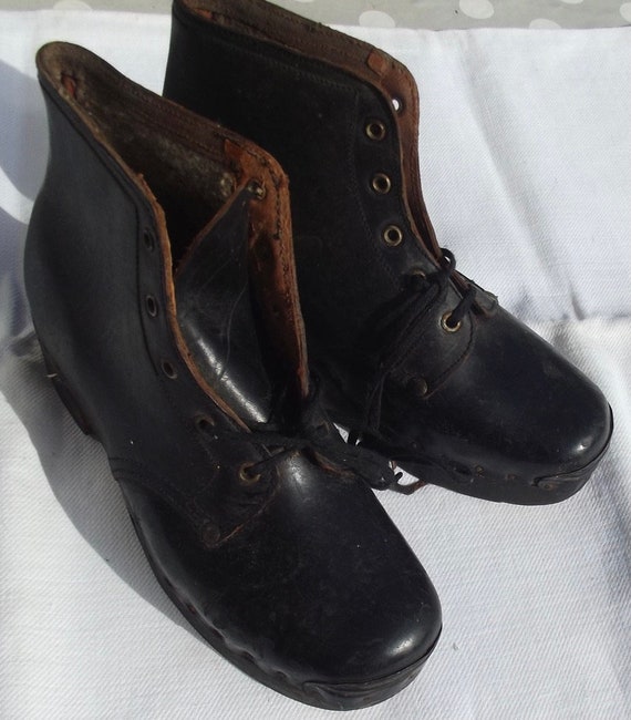 Antique French Boots Wooden soled Clog Country Sh… - image 1