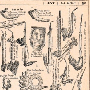 May include: An antique print featuring various pipe designs, including those from the Roman era and the 18th century. The image showcases a variety of pipe styles, materials, and decorative elements, with text labels in French.