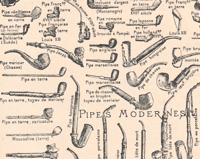 Antique French Print Pipes Smoking Engraved Dictionary Book Page 1920s